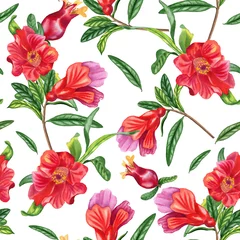 Schilderijen op glas Red pomegranate flowers seamless watercolor pattern. Hand drawn botanical branches of a flowering tree. Endless background for fabric and wallpaper. © Olga Shulgina