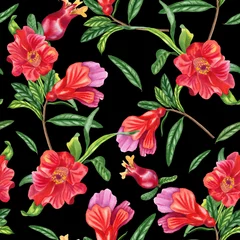 Foto op Canvas Red pomegranate flowers seamless watercolor pattern. Hand drawn botanical branches of a flowering tree. Endless background for fabric and wallpaper. © Olga Shulgina