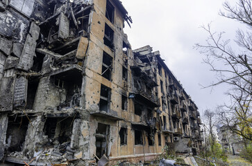 destroyed and burned houses in the city Russia Ukraine war