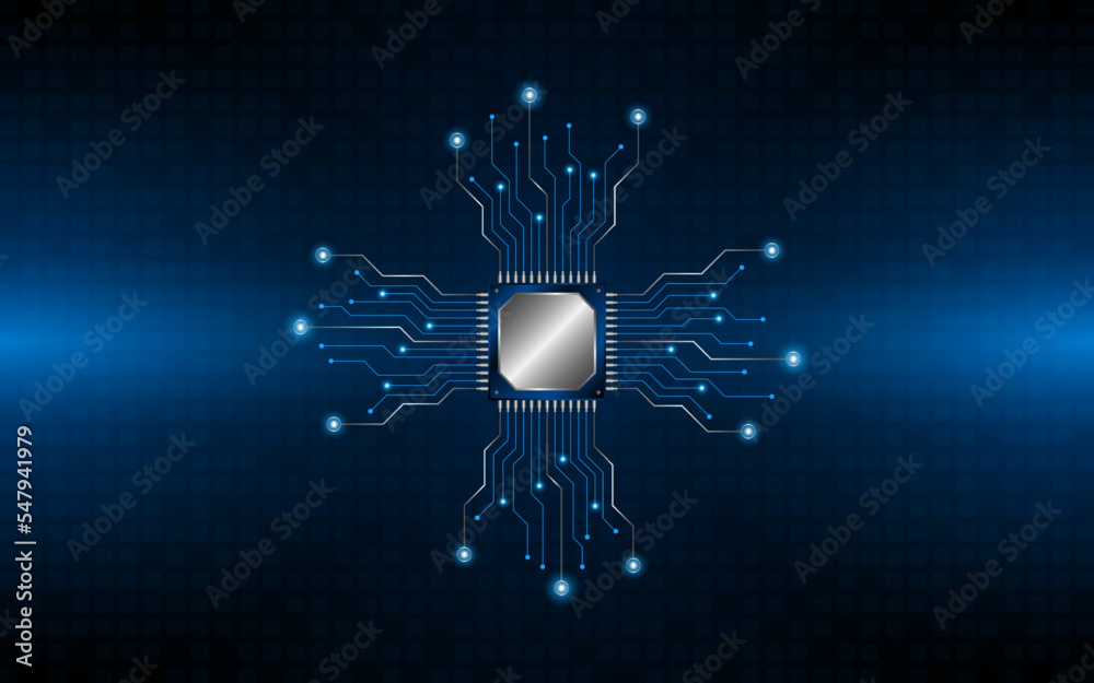 Aufkleber microchip processor circuit board technology on dark blue background. information processing concept