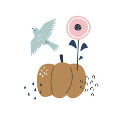 Cute composition with pumpkin, sunflower and flying bird