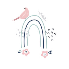 Cute composition with hand drawn rainbow, bird and textured elements
