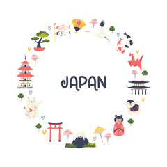 Fototapeta na wymiar Circle decoration, poster with famous symbols and landmarks of Japan.
