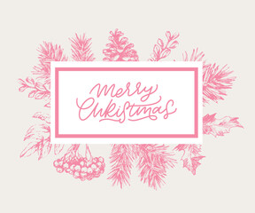 Obraz premium Merry Christmas and Happy New Year Abstract Botanical Card with Square Frame Banner and Modern Typography. Green and Pink Pastel Colors Greeting Layout. Isolated.