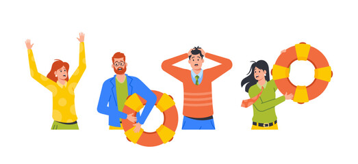 Business Characters with Lifebuoy Isolated on White Background. Frighten Men and Women Hopeless Emotions