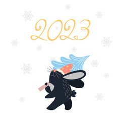Cute black bunny with spruce wishes a Happy New Year 2023. Year of the Rabbit. Vector illustration