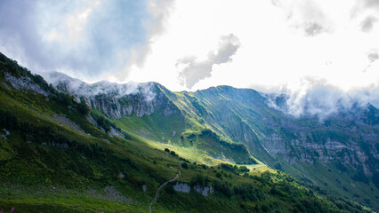 path through the mountain valley among the shells