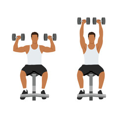 Fototapeta na wymiar Man doing Seated Dumbbell overhead shoulder press . Top body workout. Upper body exercises. Flat vector illustration isolated on white background
