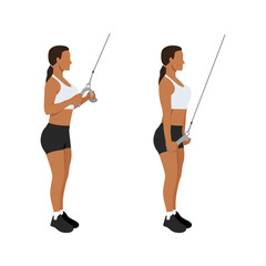 Woman doing cable rope tricep pull down or push exercise. Flat vector illustration isolated on white background - obrazy, fototapety, plakaty