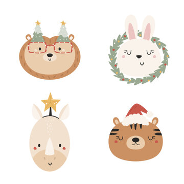 Vector illustration with cute animal faces in christmas decorations