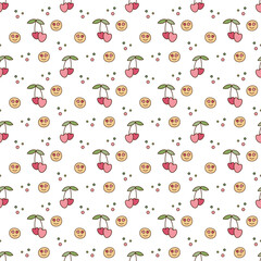 Pattern with smiles and cherries. Cute seamless pattern y2k with smiles, cherries and circles. Cartoon doodle vector illustration.