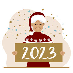 A woman in a red sweater and with a cap holds a sign or poster with the numbers 2023. Postcard or greeting Merry Christmas and Happy New Year.