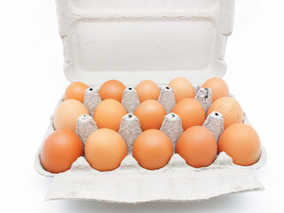 Cardboard egg box with fifteen brown eggs isolated on white background.