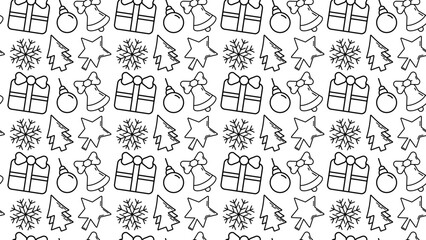 Christmas and New Year pattern. Minimalistic icons, Christmas tree, glass ball, bell, star and snowflake in vector