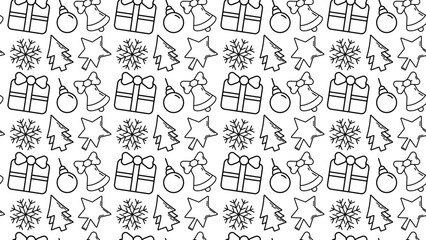 Christmas and New Year pattern. Minimalistic icons, Christmas tree, glass ball, bell, star and snowflake in vector