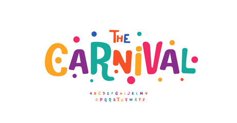 Carnival colorful alphabet, playful letters, funny festival font for bright fiesta logo, mexican headline, birthday and greeting card typography, thank you phrases. Vector typographic design. - obrazy, fototapety, plakaty