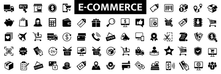 Fototapeta na wymiar E-Commerce icons set. 70 E-commerce, online shopping and delivery icon. Flat icons collection.