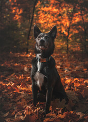 Gray dog with a white spot on his chest in the autumn forest