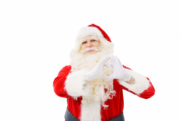 Santa Claus folded a heart from his hands on a white background Christmas.