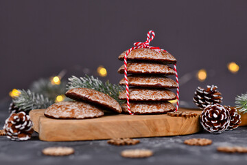 Stacks of traditional German round glazed gingerbread Christmas cookie called 'Lebkuchen'