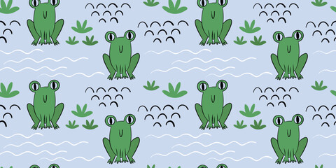 Obraz premium Little green frog on a blue background in doodle style. Minimalist baby print for newborn clothes. Print clothes for baby and baby food. Cute childish seamless pattern with frogs.