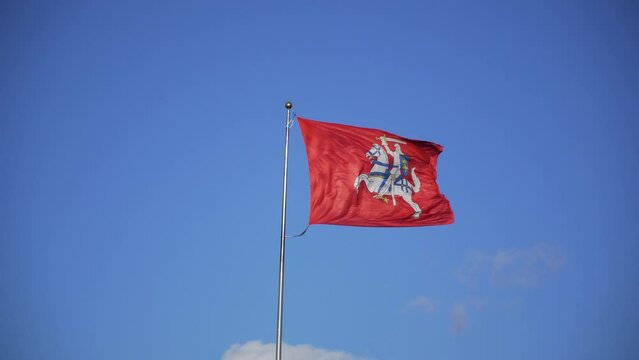 Steady shot of Lithuanian state flag in the wind