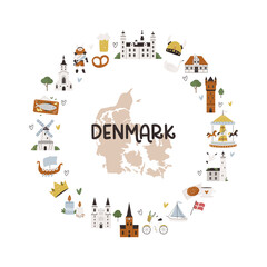 Naklejka premium Circle decoration, emblem with famous symbols and landmarks of Denmark