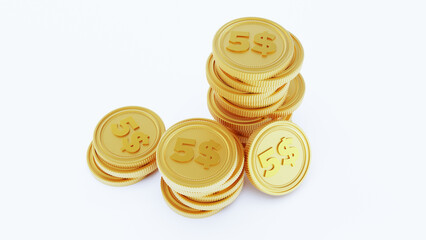3D render of golden stack coins isolated on a white background. five dollar coins