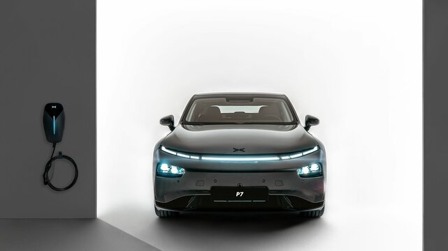 Illuminated electric XPENG P7 electric car near a charing port on a wall