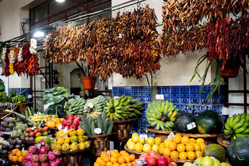 A fruit stall in a food market in Funchal Madeira