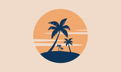 Fototapeta na wymiar Tropical Island Sunset Retro Postcard Vector Illustration