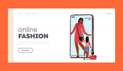 Online Fashion Landing Page Template. Virtual Fitting Room, Webstore, Purchases. Female Character Choose Clothes
