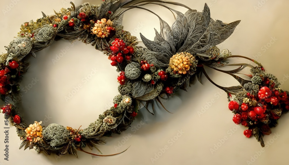 Wall mural Beautiful Christmas wreath on grey background, top view