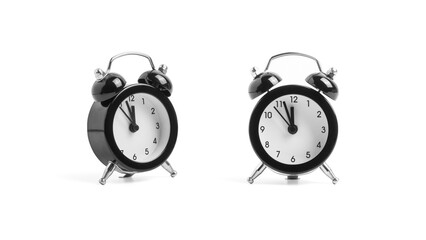 Black vintage Alarm clock on white background. Front view. on time or late concept.