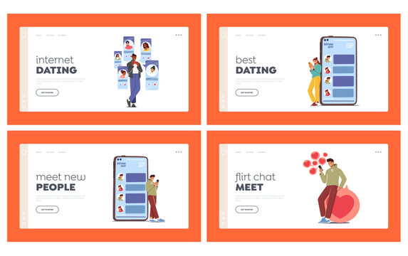 Characters Use Dating App Landing Page Template Set. People Match In Social Media. Online Dating Application