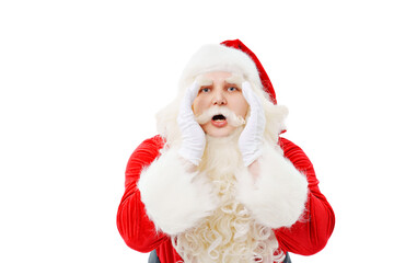 Santa Claus says with hands at the face on a white background Christmas.