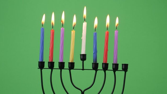 Hanukkah menorah seventh night candle 4k 10bit greenscreen 8 closeup