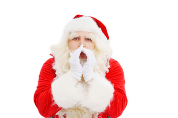 Santa Claus says with hands at the face on a white background Christmas.