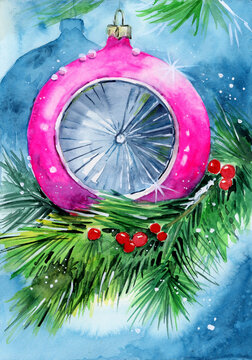 Watercolor illustration of a bright pink glass Christmas ball hanging on a fluffy green spruce branch with red holly berries