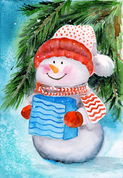Watercolor illustration of a funny snowman wearing a red and white hat and scarf with a blue gift box under a green Christmas tree