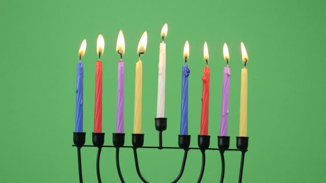 Hanukkah menorah last holiday night candle 4k 10bit greenscreen 8 closeup