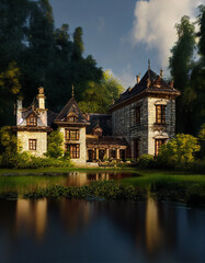 Obraz premium A majestic house overlooking the lake.