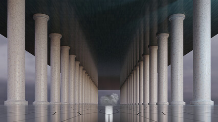 Empty corridor interior. An empty hall with marble columns. 3D illustration