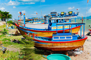 Fishing boats on the shore. Vietnam, Doclet, near Nha Trang. Fishing village. 