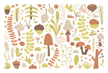 Stock Vector Graphics of forest herbs, leaves, berries, mushrooms, twigs and acorns. Plants clipart, botanical elements set, nature. Collection of flat hand drawn branches, flowers of the park, season
