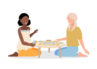Two girls have fun playing a board game together. Games for learning and development. Vector illustration isolated on white background.