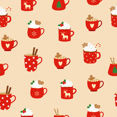 Seamless pattern with red cups, whipped cream, cinnamon sticks and gingerbread cookies. Background for cozy winter design.