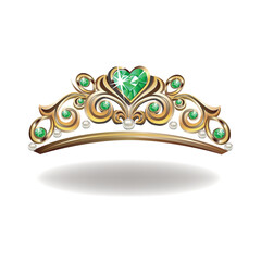 Princess crown or tiara with pearls and green gems in the shape of a heart vector illustration isolated on white background. © liana2012