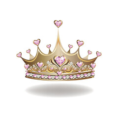 Princess crown or tiara with pearls and pink gems in the shape of a heart vector illustration isolated on white background. © liana2012