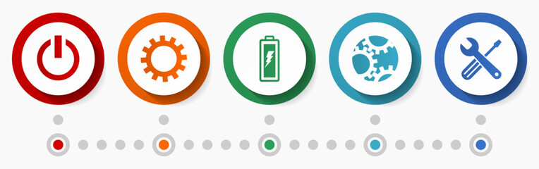 Industry, power and energy concept vector icon set, flat design web buttons, technology infographic template